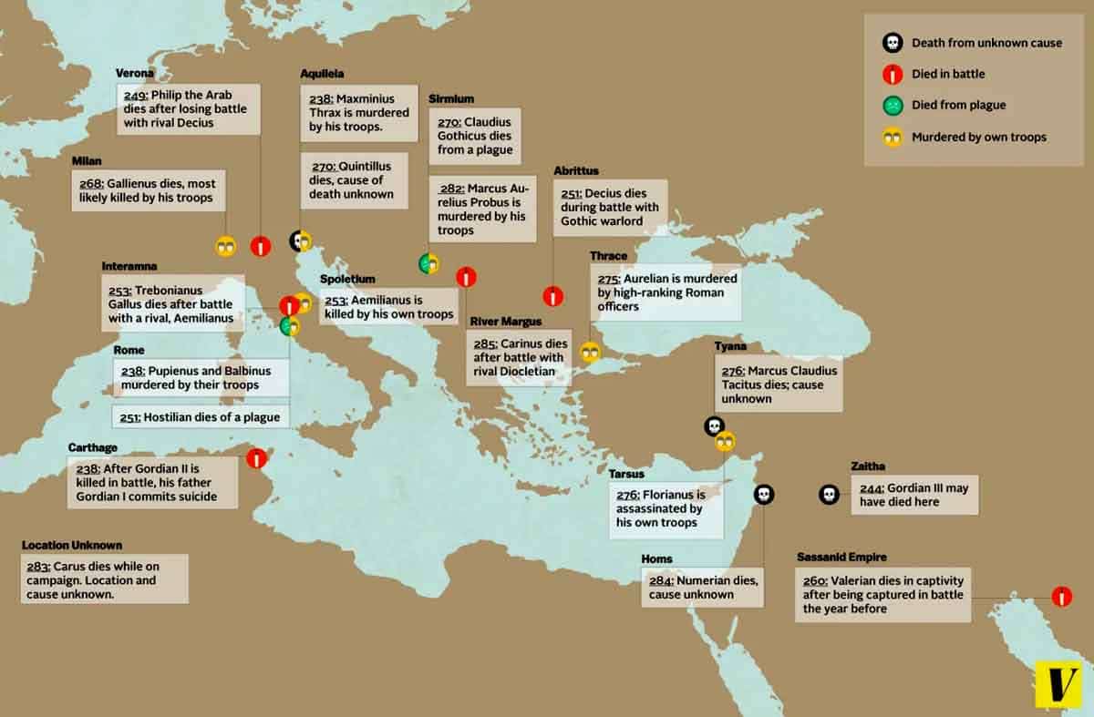 Crisis of the Third Century, map of emperor’s deaths, via Vox
